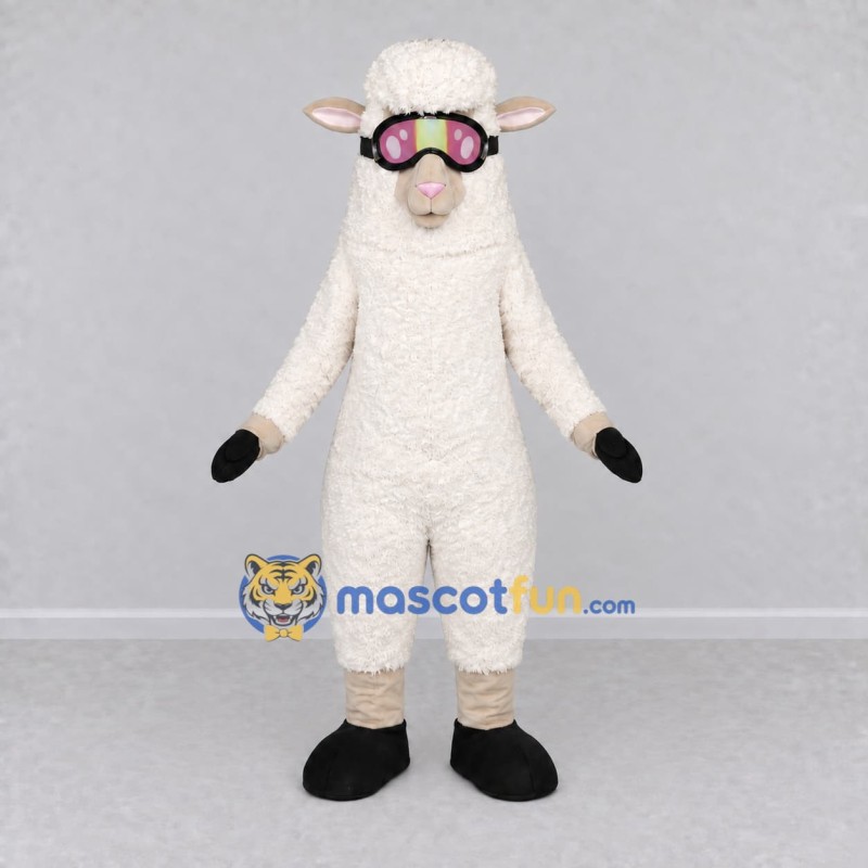 Custom White Sheep in Goggles Mascot Costume Adult Full Body Suit for Winter Events Custom White Sheep in Goggles Mascot Costume Adult Full Body Suit for Winter Events