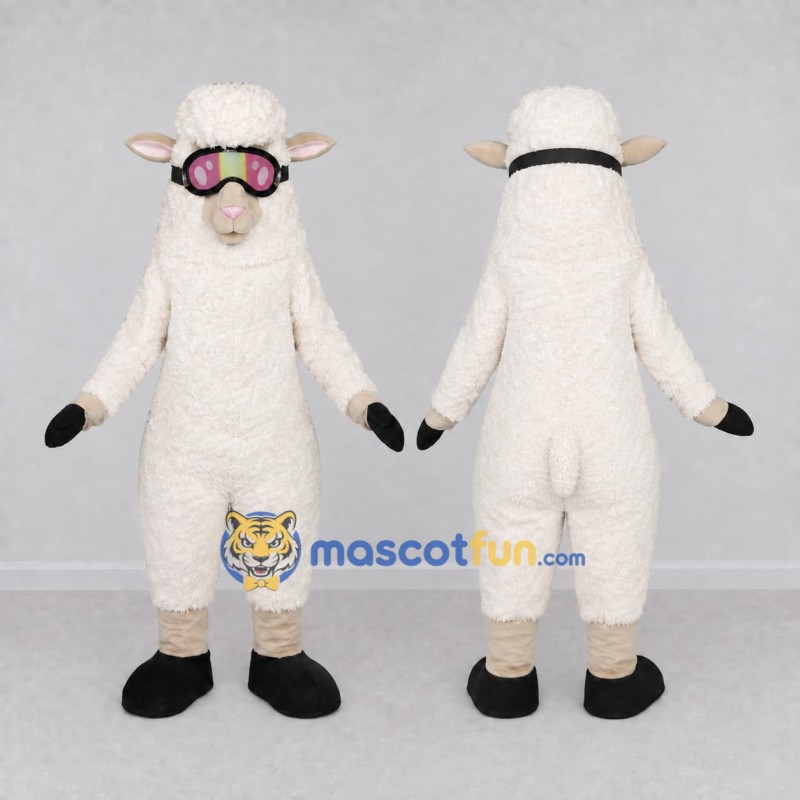 Custom White Sheep in Goggles Mascot Costume Adult Full Body Suit for Winter Events Custom White Sheep in Goggles Mascot Costume Adult Full Body Suit for Winter Events