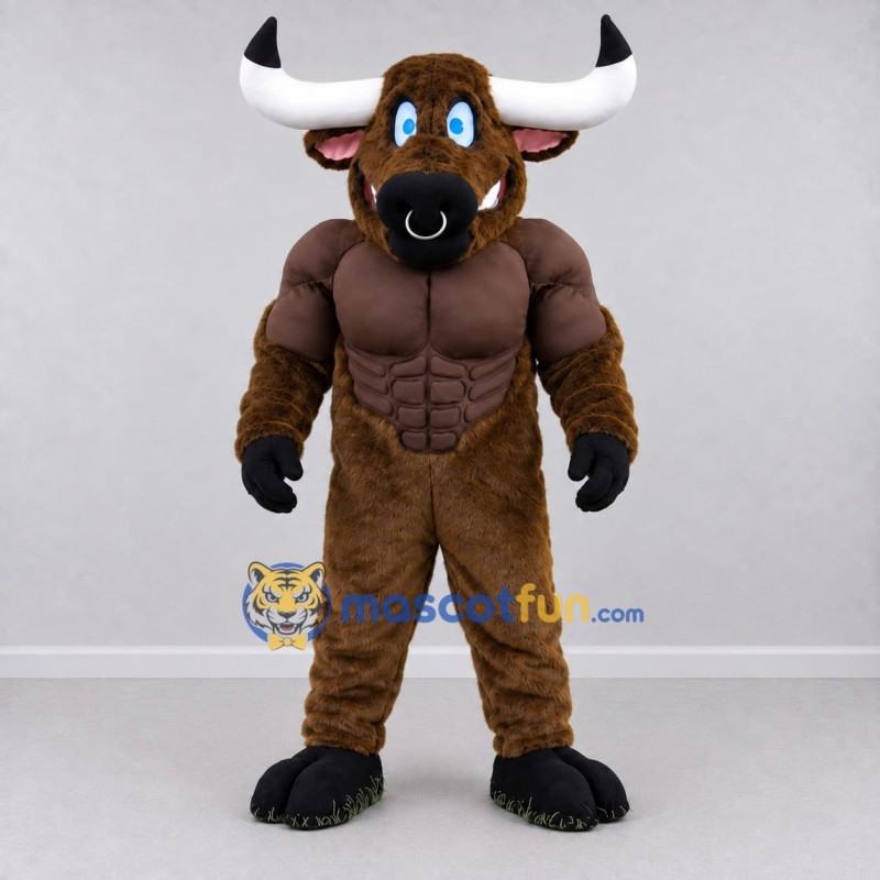 Custom Brown and White Muscular Bull Mascot Costume Adult Full Body Suit for Sports Events