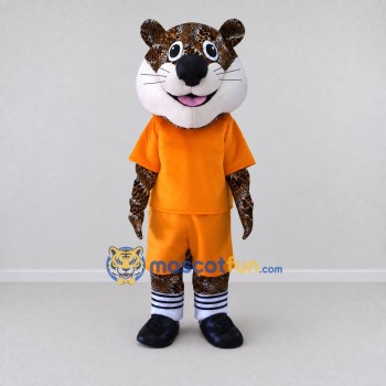 Custom Brown and Orange Leopard in Sportswear Mascot Costume Adult Full Body Suit for Sports Events Custom Brown and Orange Leopard in Sportswear Mascot Costume Adult Full Body Suit for Sports Events