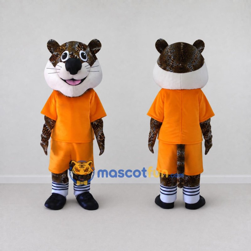Custom Brown and Orange Leopard in Sportswear Mascot Costume Adult Full Body Suit for Sports Events Custom Brown and Orange Leopard in Sportswear Mascot Costume Adult Full Body Suit for Sports Events