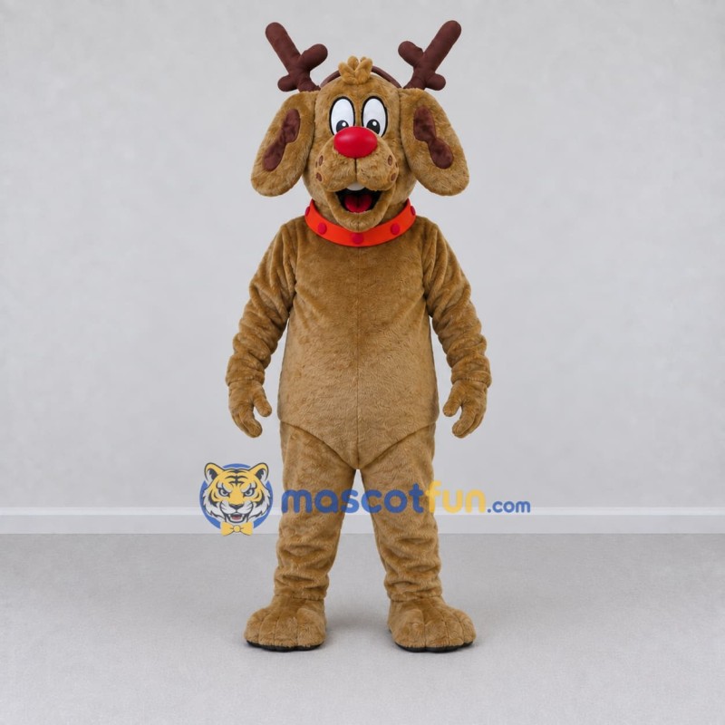 Custom Brown and Red Dog with Reindeer Antlers Mascot Costume Adult Full Body Suit for Christmas Events Custom Brown and Red Dog with Reindeer Antlers Mascot Costume Adult Full Body Suit for Christmas Events