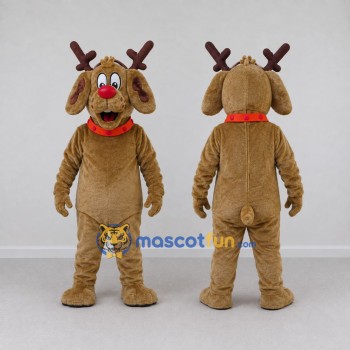 Custom Brown and Red Dog with Reindeer Antlers Mascot Costume Adult Full Body Suit for Christmas Events