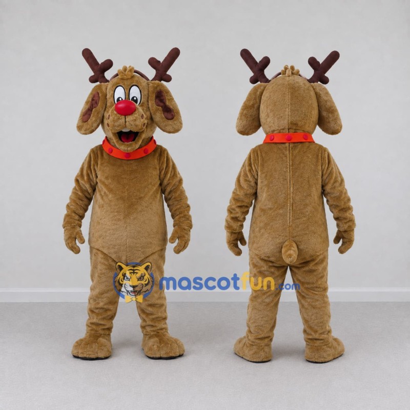 Custom Brown and Red Dog with Reindeer Antlers Mascot Costume Adult Full Body Suit for Christmas Events Custom Brown and Red Dog with Reindeer Antlers Mascot Costume Adult Full Body Suit for Christmas Events