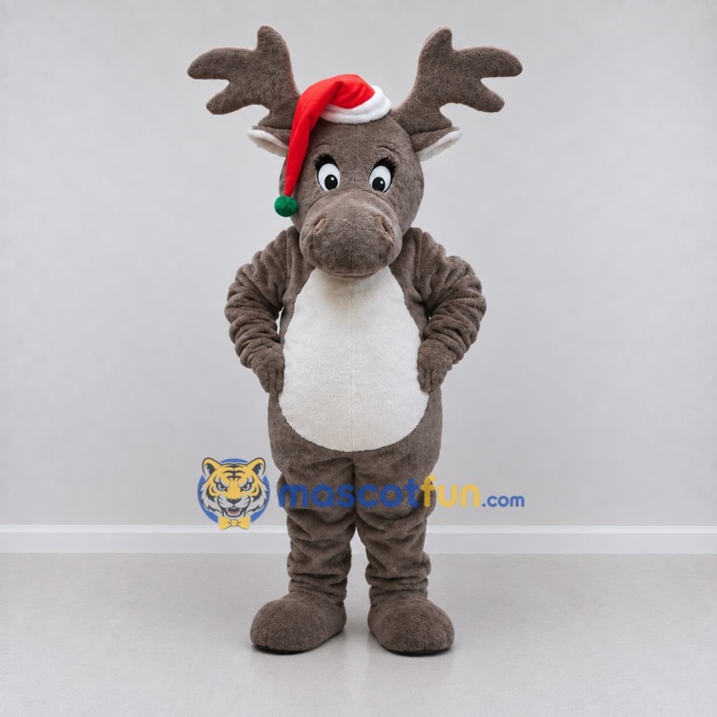Custom Brown and Red Moose in a Santa Hat Mascot Costume Adult Full Body Suit for Christmas Events Custom Brown and Red Moose in a Santa Hat Mascot Costume Adult Full Body Suit for Christmas Events