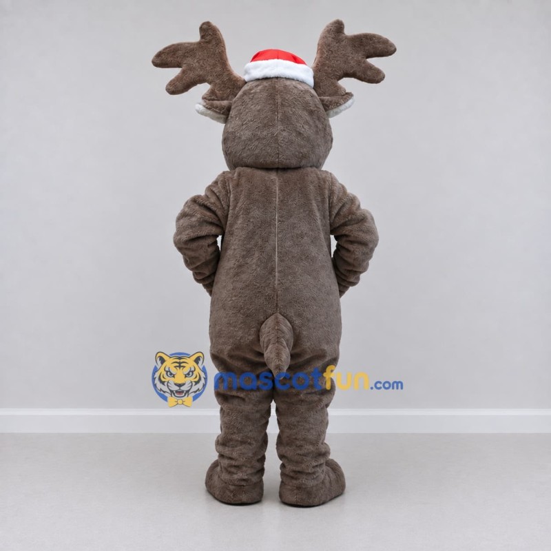 Custom Brown and Red Moose in a Santa Hat Mascot Costume Adult Full Body Suit for Christmas Events Custom Brown and Red Moose in a Santa Hat Mascot Costume Adult Full Body Suit for Christmas Events