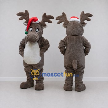 Custom Brown and Red Moose in a Santa Hat Mascot Costume Adult Full Body Suit for Christmas Events