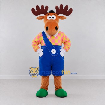 Custom Orange and Blue Moose in Overalls Mascot Costume Adult Full Body Suit for School Events Custom Orange and Blue Moose in Overalls Mascot Costume Adult Full Body Suit for School Events
