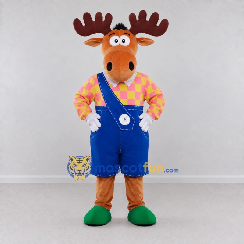 Custom Orange and Blue Moose in Overalls Mascot Costume Adult Full Body Suit for School Events Custom Orange and Blue Moose in Overalls Mascot Costume Adult Full Body Suit for School Events