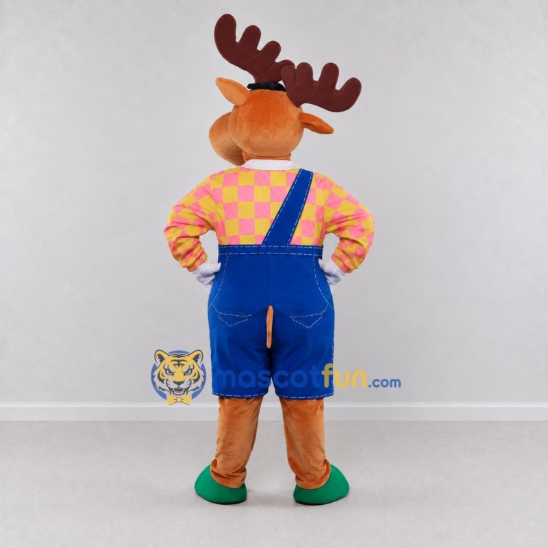 Custom Orange and Blue Moose in Overalls Mascot Costume Adult Full Body Suit for School Events Custom Orange and Blue Moose in Overalls Mascot Costume Adult Full Body Suit for School Events