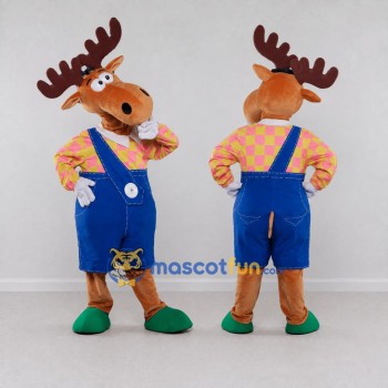Custom Orange and Blue Moose in Overalls Mascot Costume Adult Full Body Suit for School Events