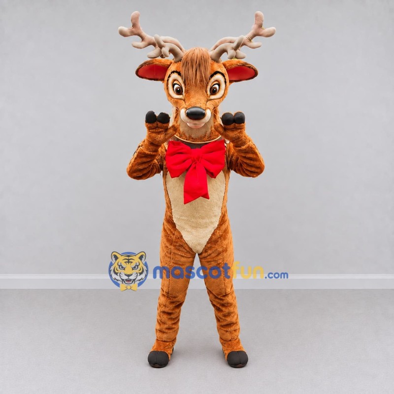 Custom Brown and Red Reindeer with a Bow Mascot Costume Adult Full Body Suit for Christmas Events Custom Brown and Red Reindeer with a Bow Mascot Costume Adult Full Body Suit for Christmas Events