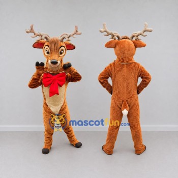 Custom Brown and Red Reindeer with a Bow Mascot Costume Adult Full Body Suit for Christmas Events
