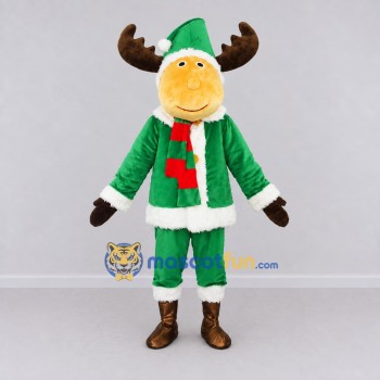 Custom Tan and Green Moose in an Elf Outfit Mascot Costume Adult Full Body Suit for Christmas Events