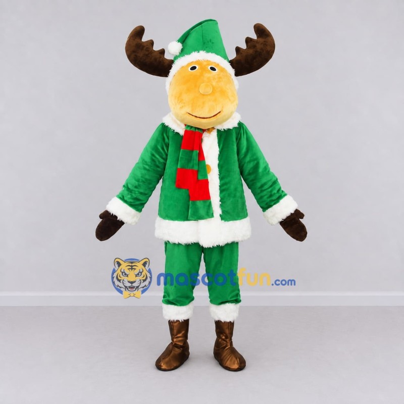 Custom Tan and Green Moose in an Elf Outfit Mascot Costume Adult Full Body Suit for Christmas Events Custom Tan and Green Moose in an Elf Outfit Mascot Costume Adult Full Body Suit for Christmas Events