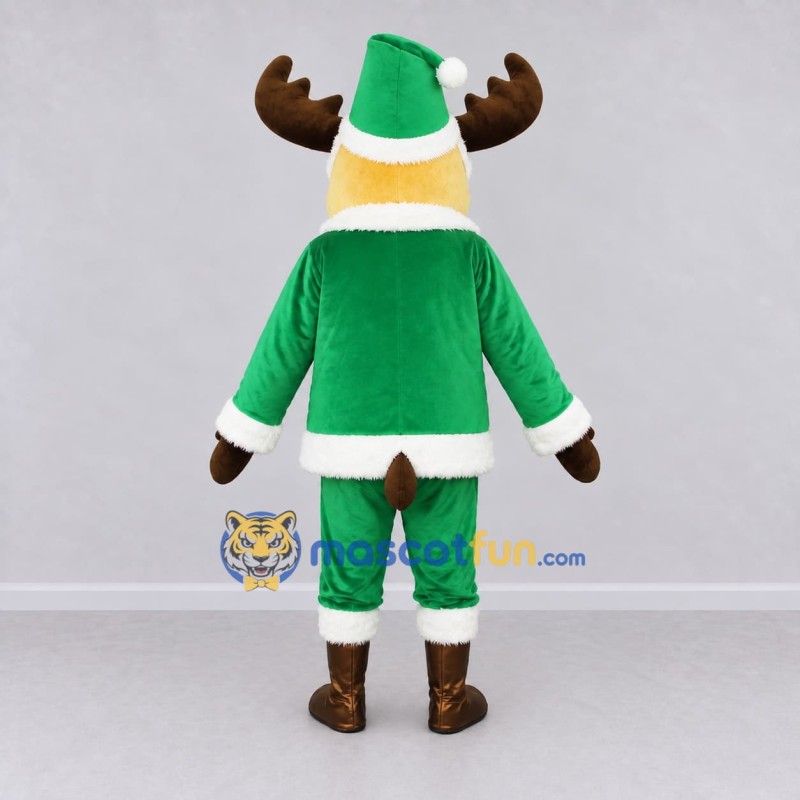 Custom Tan and Green Moose in an Elf Outfit Mascot Costume Adult Full Body Suit for Christmas Events Custom Tan and Green Moose in an Elf Outfit Mascot Costume Adult Full Body Suit for Christmas Events