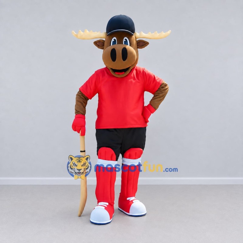 Custom Brown and Red Moose in Hockey Sportswear Mascot Costume Adult Full Body Suit for Sports Events Custom Brown and Red Moose in Hockey Sportswear Mascot Costume Adult Full Body Suit for Sports Events