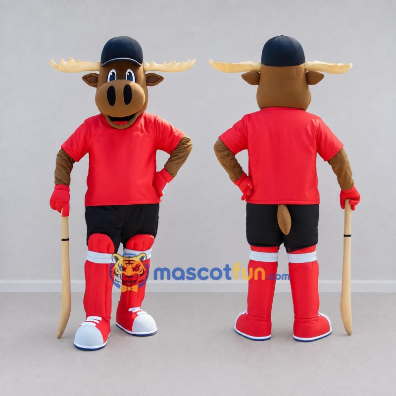Custom Brown and Red Moose in Hockey Sportswear Mascot Costume Adult Full Body Suit for Sports Events Custom Brown and Red Moose in Hockey Sportswear Mascot Costume Adult Full Body Suit for Sports Events