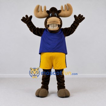 Custom Brown and Blue Moose in Sportswear Mascot Costume Adult Full Body Suit for Sports Events Custom Brown and Blue Moose in Sportswear Mascot Costume Adult Full Body Suit for Sports Events