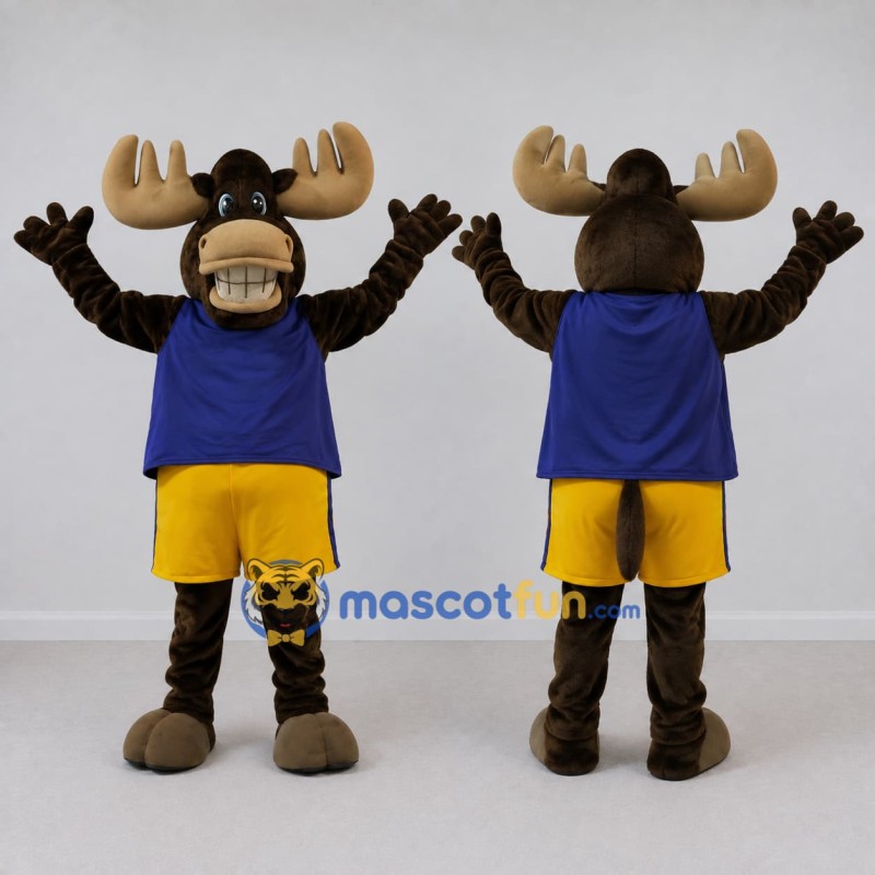 Custom Brown and Blue Moose in Sportswear Mascot Costume Adult Full Body Suit for Sports Events Custom Brown and Blue Moose in Sportswear Mascot Costume Adult Full Body Suit for Sports Events