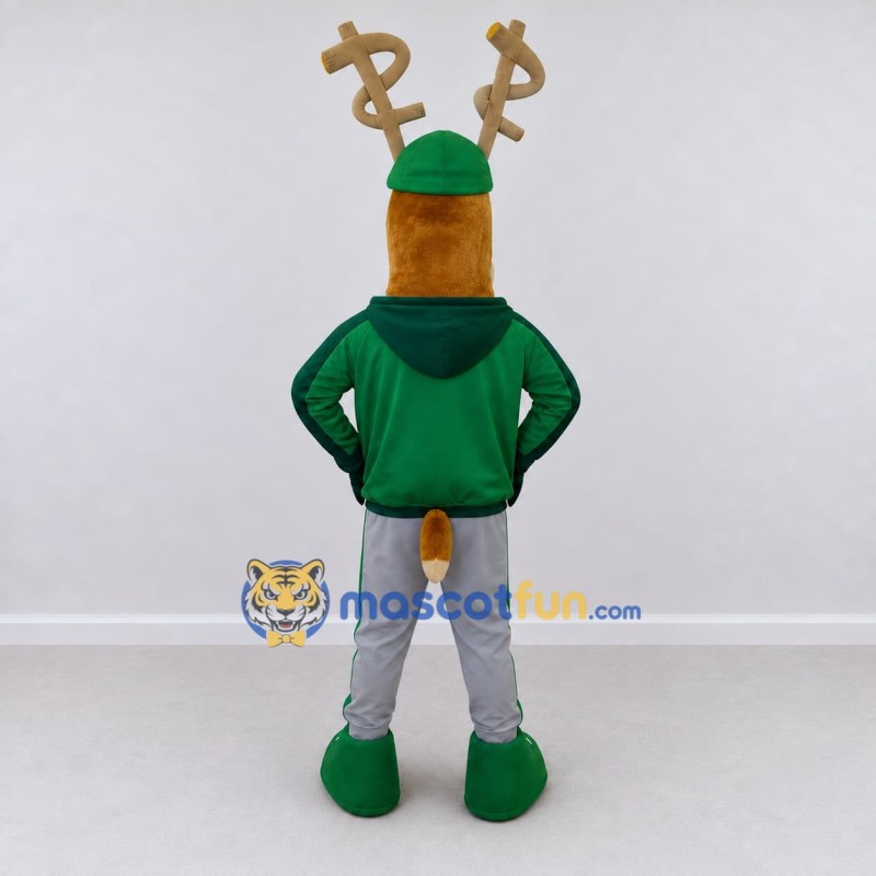 Custom Brown and Green Deer in a Tracksuit Mascot Costume Adult Full Body Suit for Sports Events Custom Brown and Green Deer in a Tracksuit Mascot Costume Adult Full Body Suit for Sports Events