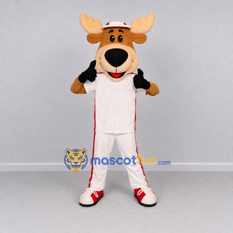 Custom Tan and White Moose in Baseball Sportswear Mascot Costume Adult Full Body Suit for Sports Events