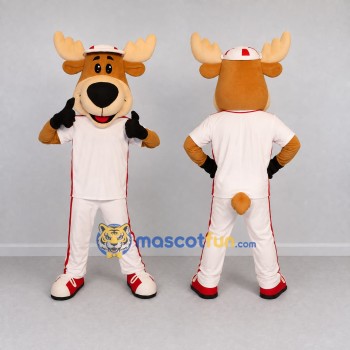 Custom Tan and White Moose in Baseball Sportswear Mascot Costume Adult Full Body Suit for Sports Events