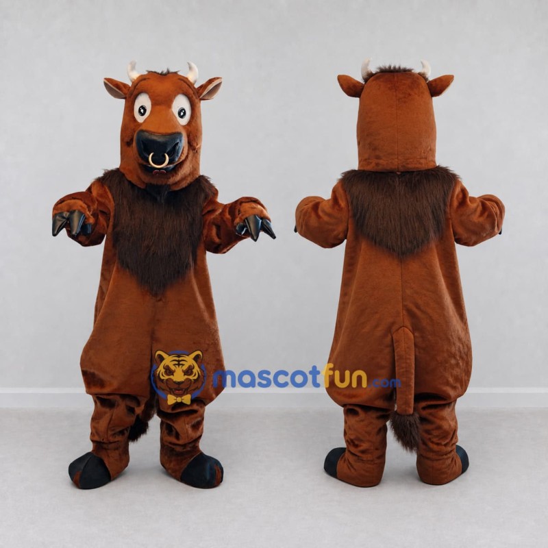 Custom Brown and Black Bull with a Nose Ring Mascot Costume Adult Full Body Suit for Sports Events Custom Brown and Black Bull with a Nose Ring Mascot Costume Adult Full Body Suit for Sports Events