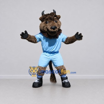 Custom Brown and Light Blue Bison Character in Sportswear Mascot Costume Adult Full Body Suit for Sports Events