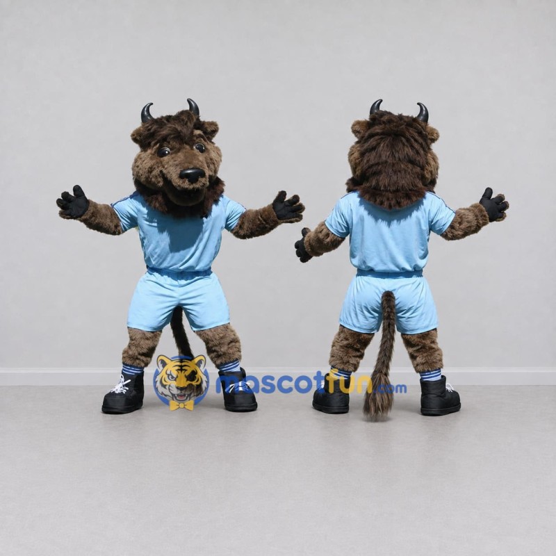 Custom Brown and Light Blue Bison Character in Sportswear Mascot Costume Adult Full Body Suit for Sports Events Custom Brown and Light Blue Bison Character in Sportswear Mascot Costume Adult Full Body Suit for Sports Events