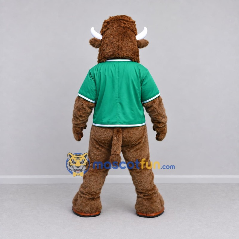 Custom Brown and Green Bison Character in a Shirt Mascot Costume Adult Full Body Suit for Sports Events Custom Brown and Green Bison Character in a Shirt Mascot Costume Adult Full Body Suit for Sports Events