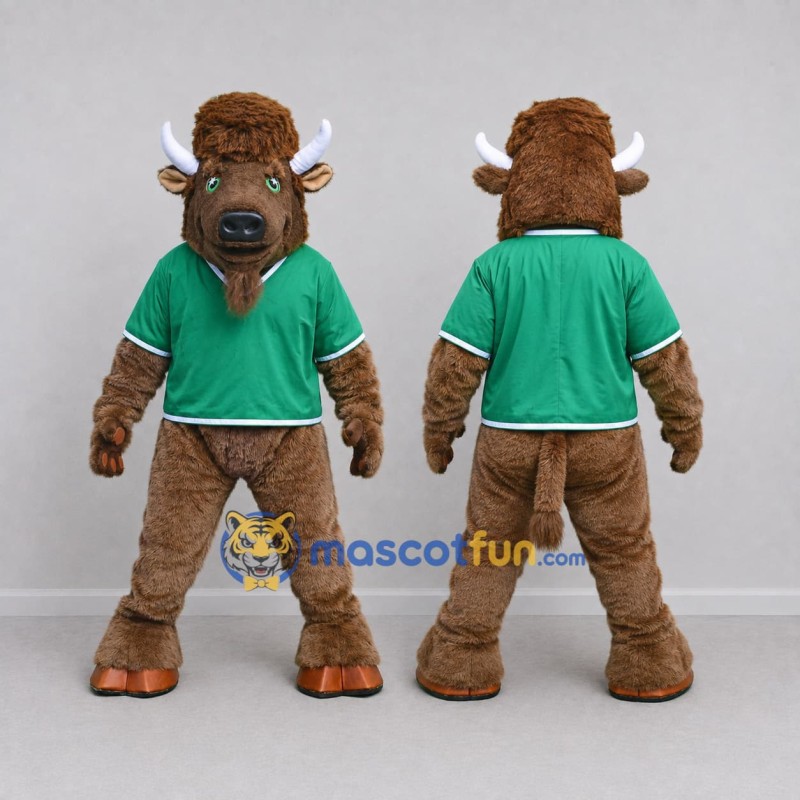 Custom Brown and Green Bison Character in a Shirt Mascot Costume Adult Full Body Suit for Sports Events Custom Brown and Green Bison Character in a Shirt Mascot Costume Adult Full Body Suit for Sports Events