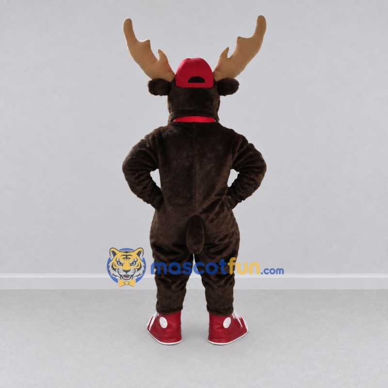 Custom Dark Brown and Red Moose with Glasses and a Cap Mascot Costume Adult Full Body Suit for School Events