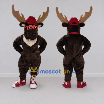 Custom Dark Brown and Red Moose with Glasses and a Cap Mascot Costume Adult Full Body Suit for School Events