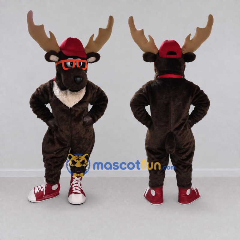 Custom Dark Brown and Red Moose with Glasses and a Cap Mascot Costume Adult Full Body Suit for School Events