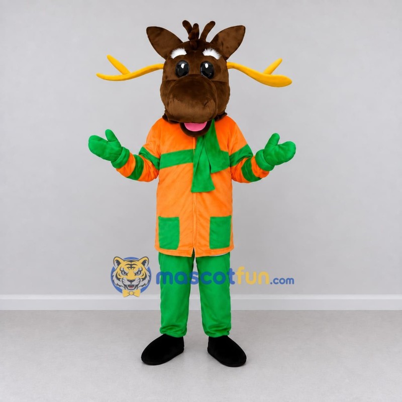 Custom Brown and Orange Moose in a Colorful Outfit Mascot Costume Adult Full Body Suit for School Events Custom Brown and Orange Moose in a Colorful Outfit Mascot Costume Adult Full Body Suit for School Events
