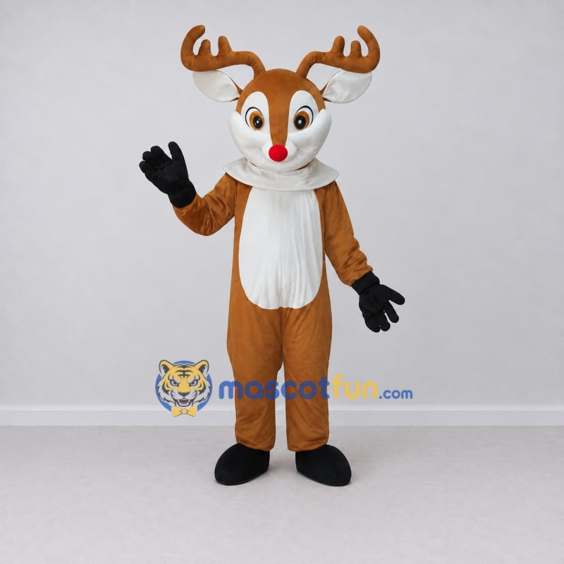 Custom Tan and White Red-Nosed Reindeer Mascot Costume Adult Full Body Suit for Christmas Events Custom Tan and White Red-Nosed Reindeer Mascot Costume Adult Full Body Suit for Christmas Events