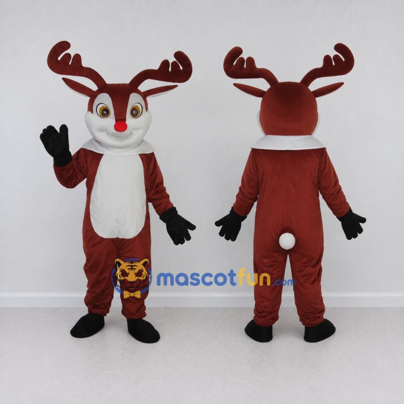 Custom Burgundy and White Red-Nosed Reindeer Mascot Costume Adult Full Body Suit for Christmas Events