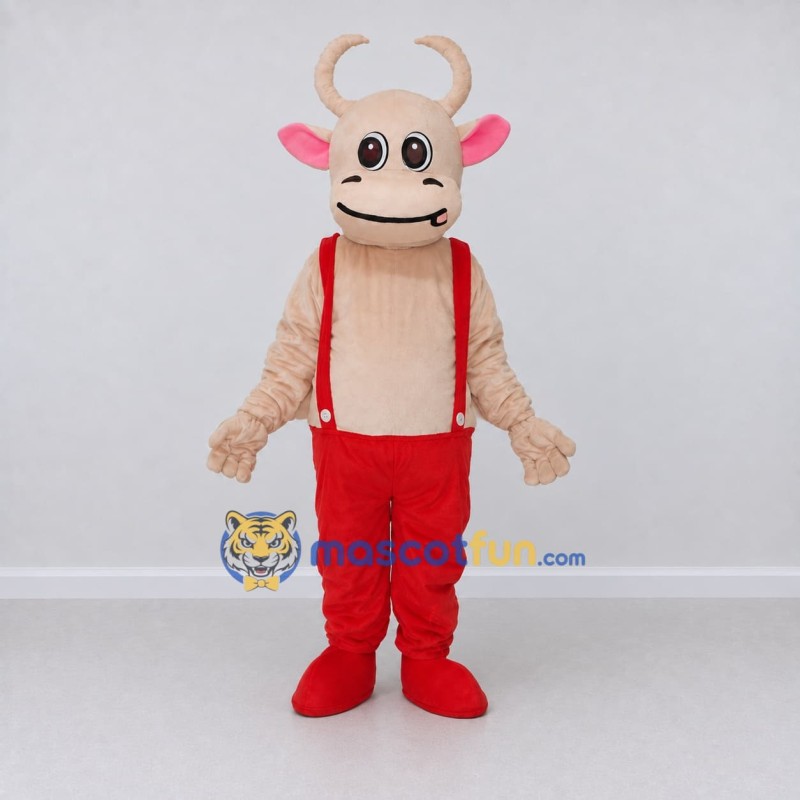 Custom Cream and Red Bull Character in Suspenders Mascot Costume Adult Full Body Suit for Farm Events Custom Cream and Red Bull Character in Suspenders Mascot Costume Adult Full Body Suit for Farm Events
