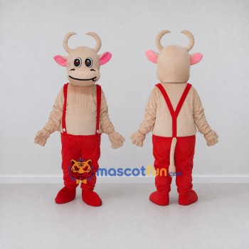 Custom Cream and Red Bull Character in Suspenders Mascot Costume Adult Full Body Suit for Farm Events