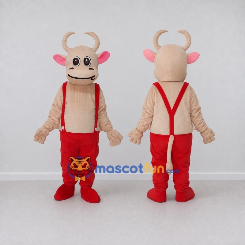 Custom Cream and Red Bull Character in Suspenders Mascot Costume Adult Full Body Suit for Farm Events Custom Cream and Red Bull Character in Suspenders Mascot Costume Adult Full Body Suit for Farm Events