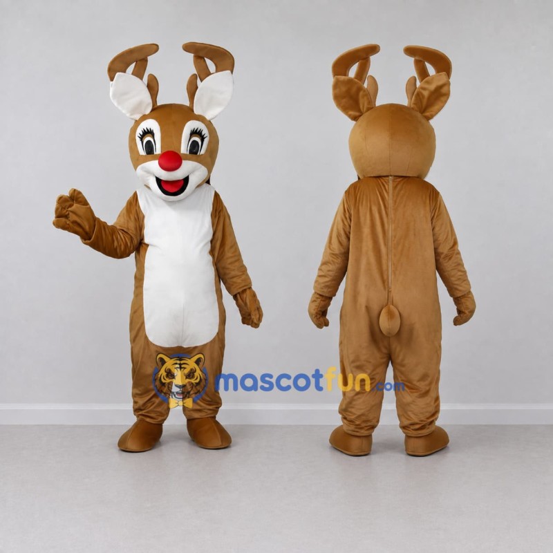 Custom Brown and White Red-Nosed Reindeer Mascot Costume Adult Full Body Suit for Christmas Events Custom Brown and White Red-Nosed Reindeer Mascot Costume Adult Full Body Suit for Christmas Events