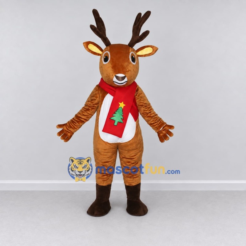 Custom Tan and Red Reindeer with a Scarf Mascot Costume Adult Full Body Suit for Christmas Events