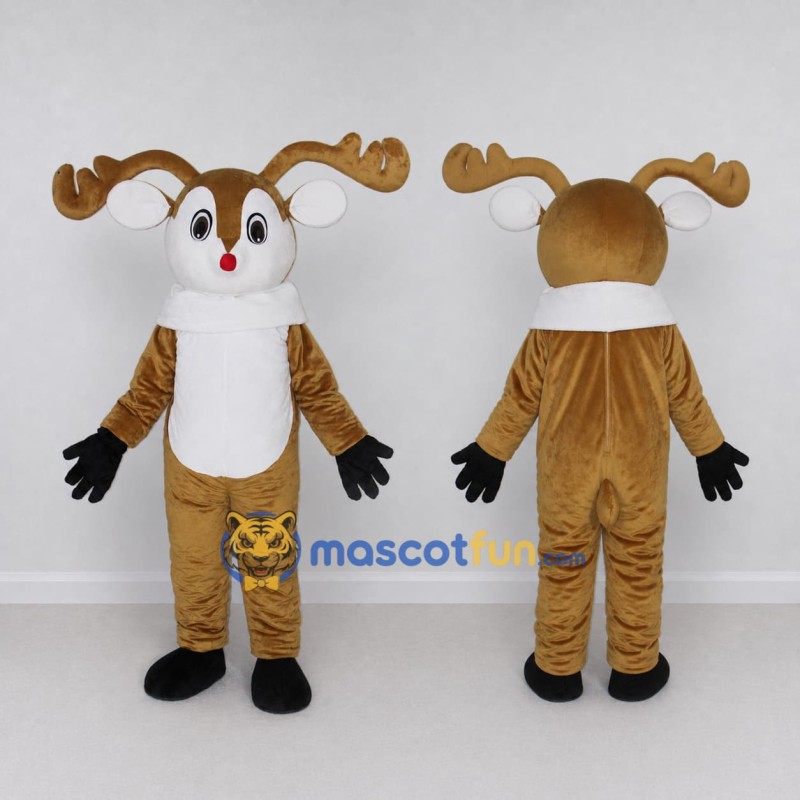 Custom Tan and White Red-Nosed Reindeer Character Mascot Costume Adult Full Body Suit for Christmas Events