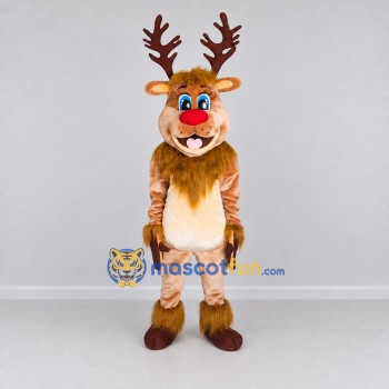 Custom Tan and Cream Red-Nosed Reindeer Mascot Costume Adult Full Body Suit for Christmas Events