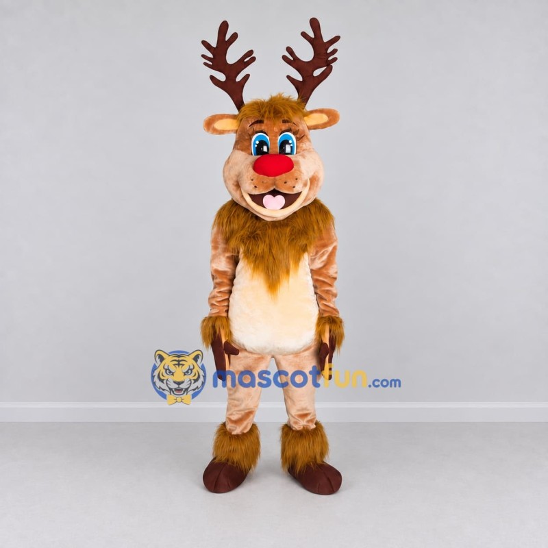 Custom Tan and Cream Red-Nosed Reindeer Mascot Costume Adult Full Body Suit for Christmas Events