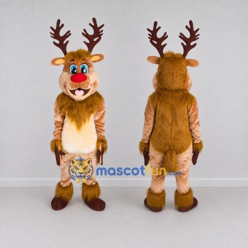 Custom Tan and Cream Red-Nosed Reindeer Mascot Costume Adult Full Body Suit for Christmas Events
