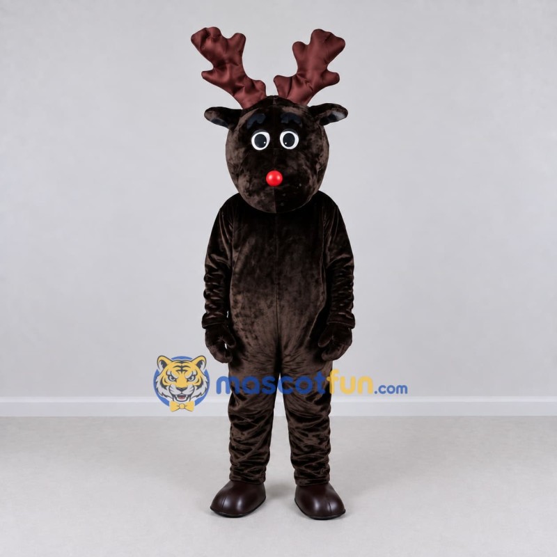 Custom Dark Brown Red-Nosed Reindeer Character Mascot Costume Adult Full Body Suit for Christmas Events