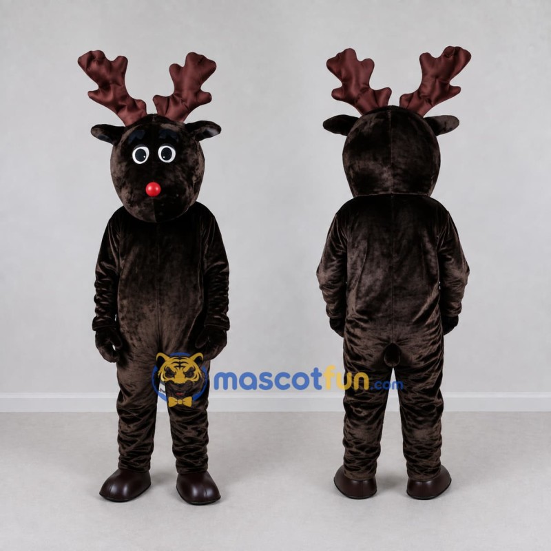 Custom Dark Brown Red-Nosed Reindeer Character Mascot Costume Adult Full Body Suit for Christmas Events