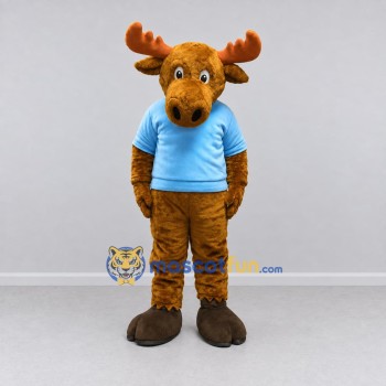 Custom Brown and Light Blue Moose in a Shirt Mascot Costume Adult Full Body Suit for School Events